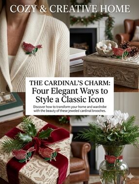 Mint Red and Green Cardinal Rhinstone Brooch Set Of 2